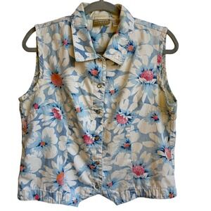 Vintage Liz Claiborne Lizwear Floral Cotton Twill Vest Size 10 Blue Button Front